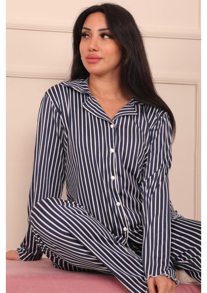 Kadın Dikey Çizgi Desenli Önü Düğmeli Uzun Kol Altı Uzun Milan Kumaş Pijama Takımı fiyatları