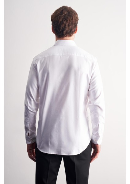Beyaz Yarım Italyan Yaka Kendinden Desenli Uzun Kol Premium Slim Fit %100 Pamuk Gömlek 1004255193 indirimleri