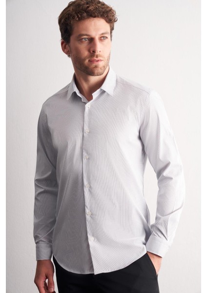 Beyaz - Lacivert Sert Yaka Çizgili Desen Uzun Kol Slim Fit Esnek Gömlek 1004255177 fiyatları