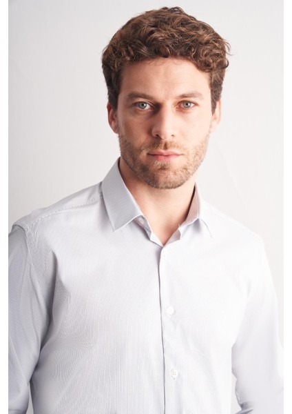 Beyaz - Lacivert Sert Yaka Çizgili Desen Uzun Kol Slim Fit Esnek Gömlek 1004255177 modelleri