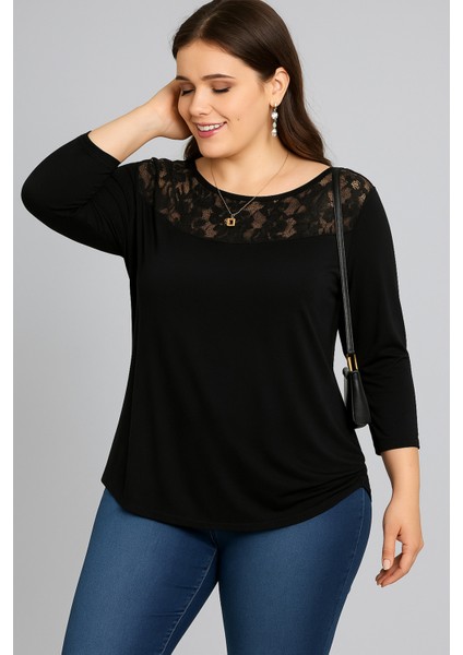 Büyük Beden Göğüs Dantel Uzun Kol Viskon Bluz