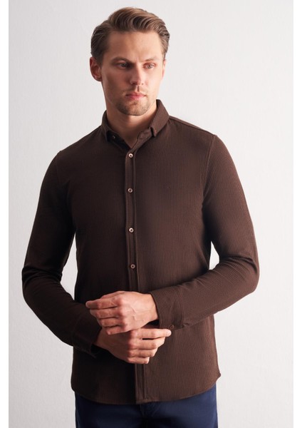 Koyu Kahverengi Smart Düğmeli Yaka Uzun Kol Cepsiz Slim Fit Casual Gömlek 1004255169 modelleri