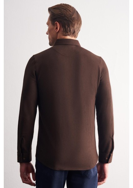 Koyu Kahverengi Smart Düğmeli Yaka Uzun Kol Cepsiz Slim Fit Casual Gömlek 1004255169 indirimleri