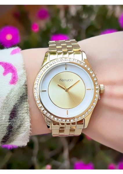 Çelik Taşlı Şık Gold Kadın Kol Saat+Bileklik