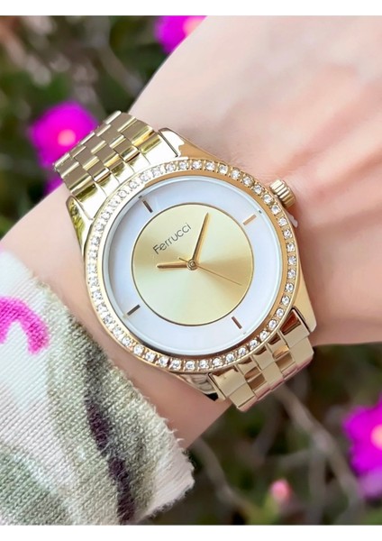 Çelik Taşlı Şık Gold Kadın Kol Saat+Bileklik modelleri