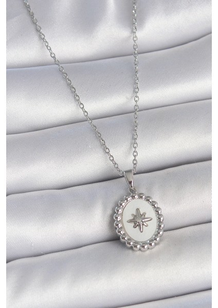 316L Çelik Gümüş Renk Zincir Beyaz Mineli Kutup Yıldız Işlemeli Madalyon Model Kadın Kolye - TJ-BKO10062