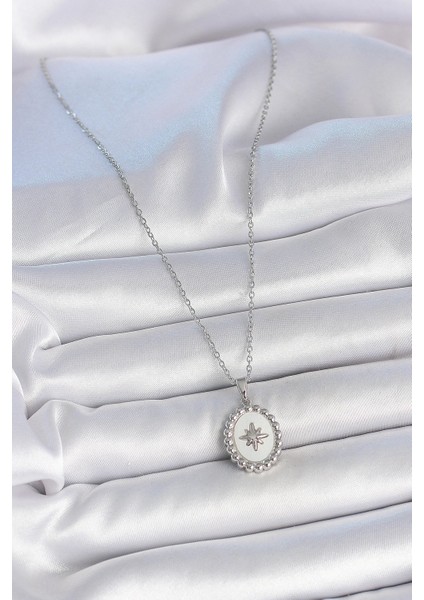 316L Çelik Gümüş Renk Zincir Beyaz Mineli Kutup Yıldız Işlemeli Madalyon Model Kadın Kolye - TJ-BKO10062 fiyatları
