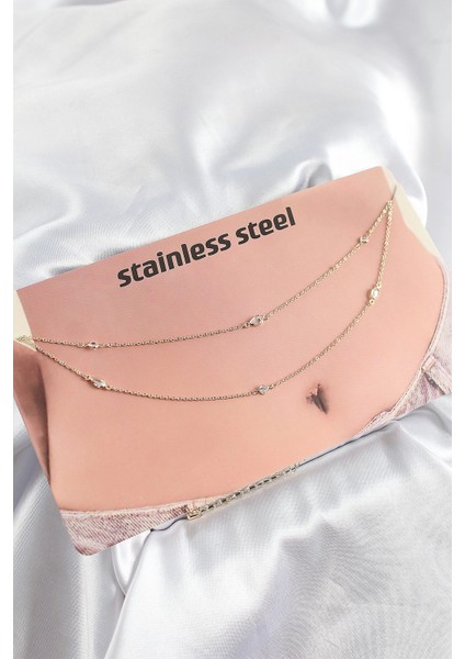 316L Çelik Zirkon Taşlı Damla Model Gold Renk Göbek Zinciri - TJ-BKGZ10342