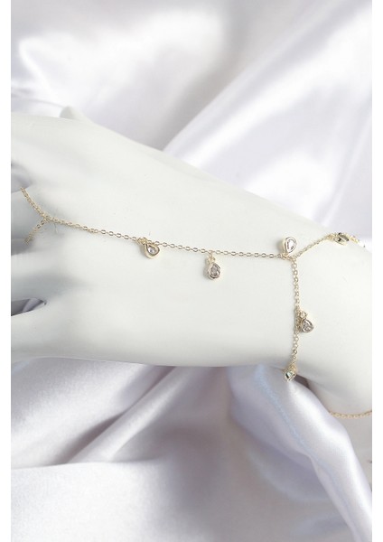 Pirinç Zirkon Taşlı Sallantılı Damla Model Gold Renk Kadın Şahmeran - TJ-SN703