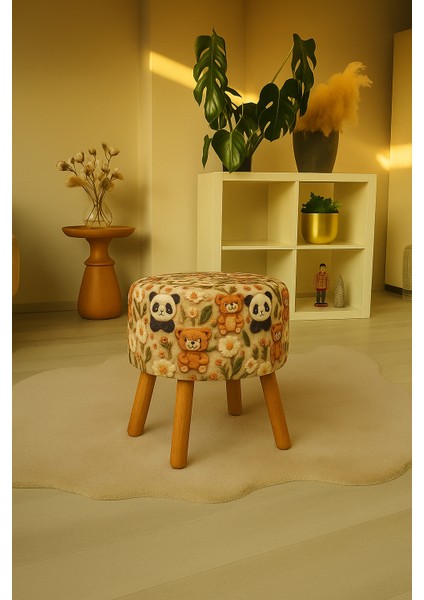 Pufcuk Dekoratif rahat ve konforlu puf - çok renkli - ayıcık desenli - sevimli - gürgen ayaklı - yuvarlak puf - çok amaçlı kullanım - modern bench