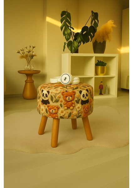 Pufcuk Dekoratif rahat ve konforlu puf - çok renkli - ayıcık desenli - sevimli - gürgen ayaklı - yuvarlak puf - çok amaçlı kullanım - modern bench fiyatları
