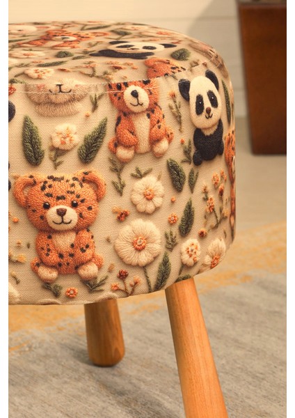 Pufcuk Dekoratif rahat ve konforlu puf - çok renkli - ayıcık desenli - sevimli - gürgen ayaklı - yuvarlak puf - çok amaçlı kullanım - modern bench modelleri