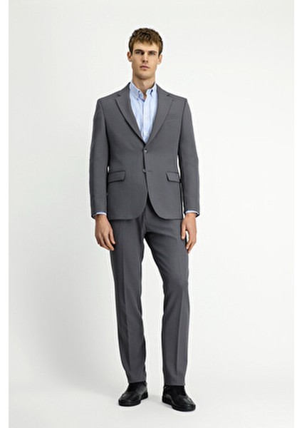 Slim Fit Dar Kesim Klasik Takım Elbise Erkek Ceket Yaka Düz Desenli Polyester Astarlı