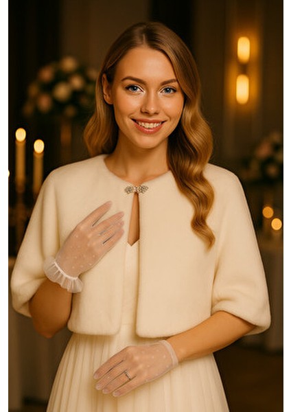 Broşlu Fransız Kollu Kürk Etol Gelin Bolero Gelin Şalı Kırık Beyaz