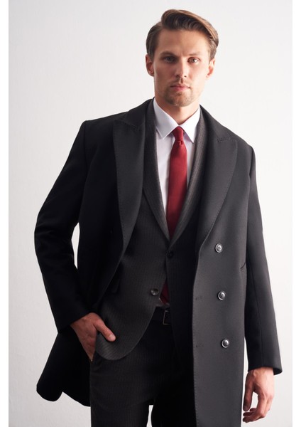 Siyah Kılıç Yaka Kruvaze Comfort Fit Esnek Classic Kaban 1008255164