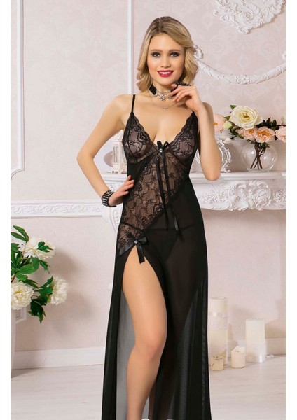 İp Askılı Dantel Detaylı Yırtmaçlı Kadın Uzun Tül Seksi Gecelik, Fantazi Tül Takım 1545