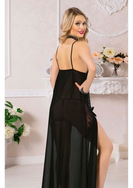 İp Askılı Dantel Detaylı Yırtmaçlı Kadın Uzun Tül Seksi Gecelik, Fantazi Tül Takım 1545 fiyatları