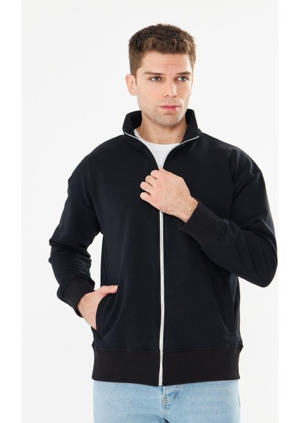 Erkek Tam Fermuarlı Pamuklu Eşofman Üstü Siyah 9507-S