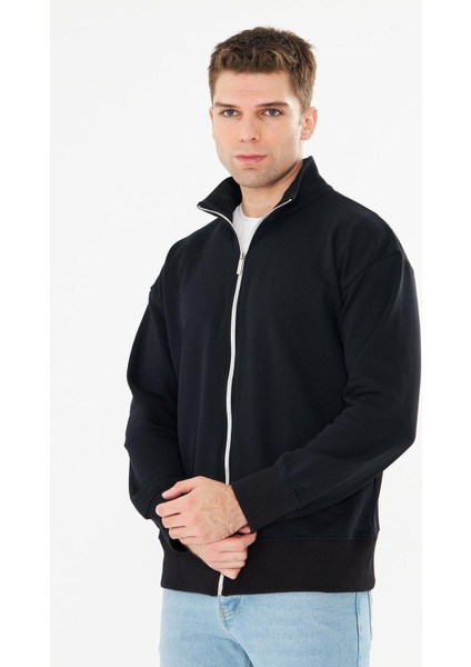 Erkek Tam Fermuarlı Pamuklu Eşofman Üstü Siyah 9507-S fırsatları