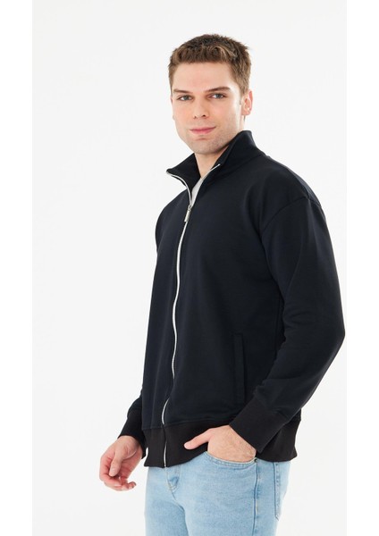 Erkek Tam Fermuarlı Pamuklu Eşofman Üstü Siyah 9507-S