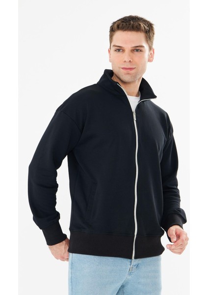 Erkek Tam Fermuarlı Pamuklu Eşofman Üstü Siyah 9507-S