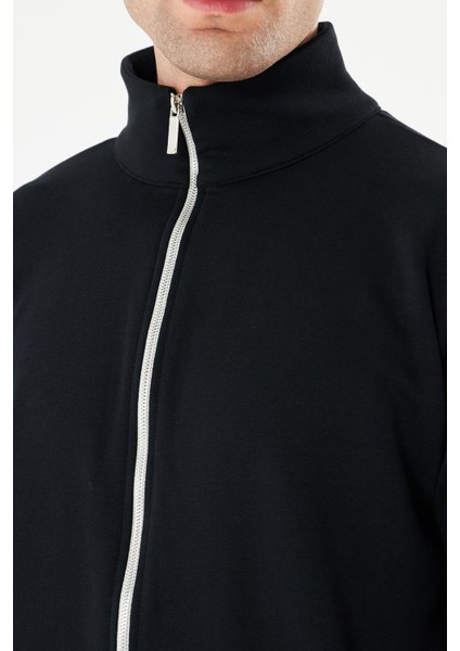 Erkek Tam Fermuarlı Pamuklu Eşofman Üstü Siyah 9507-S