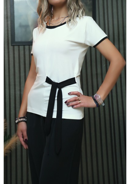 Kadın Kuşak Detaylı Şık Penye Body Bluz