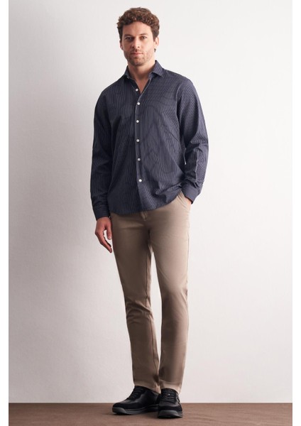 Lacivert - Beyaz Yarım Italyan Yaka Çizgili Desen Uzun Kol Slim Fit Pamuklu Gömlek 1004255179 fiyatları