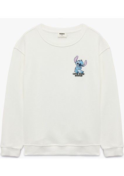 Lisanslı Stitch Baskılı Uzun Kollu Bisiklet Yaka Sweatshirt
