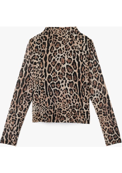 Uzun Kollu Yarı Transparan Drapeli Dik Yaka Leopar Desenli Tül Bluz fırsatları