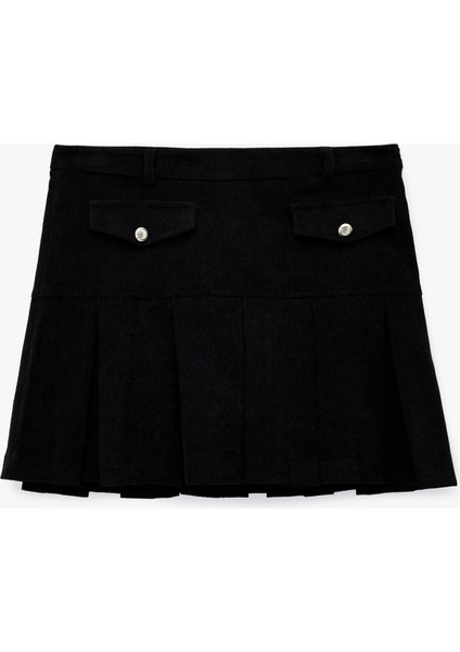 Metal Aksesuarlı Cep Detaylı Kalın Piliseli Mini Etek