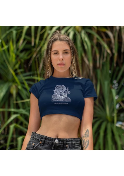 The Ear, The Skull & The Pipe Crop Tişört - Lacivert fiyatları