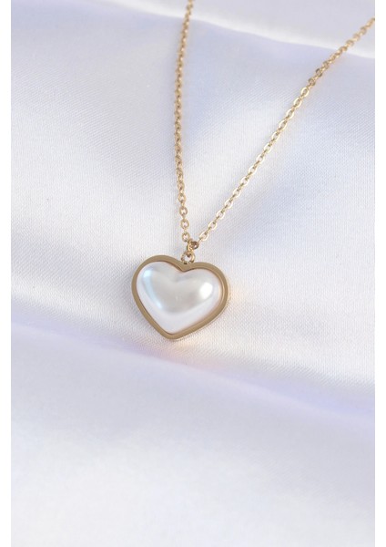 316L Çelik Zincir Gold Renk Beyaz Taşlı Bubble Kalp Kolye - TJ-BKO8737