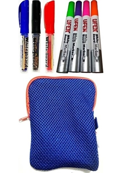 Mavi Kalemlik & 7'li Beyaz Tahta Kalemi - 4 Renk Ufen Tahta Kalemi Kartuşlu 3 Renk Byb Tüplü Kalem