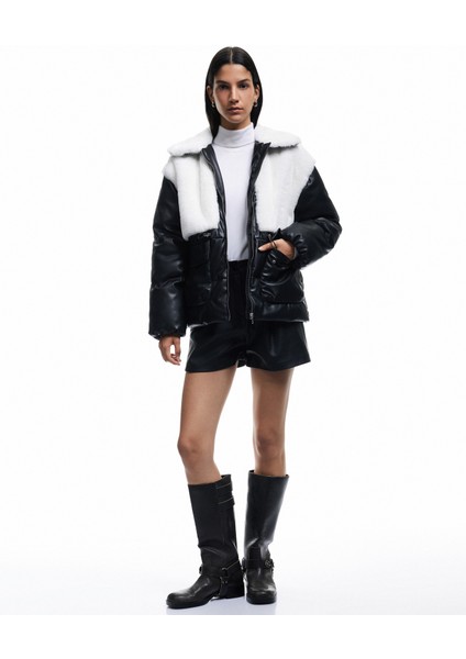 Suni Kürklü Cepli Uzun Kollu Cep Detaylı Deri Şişme Ceket