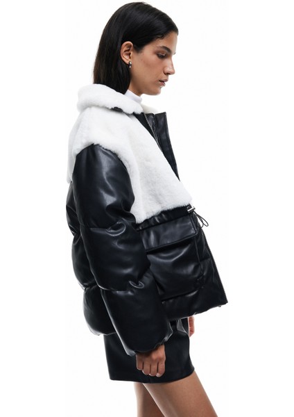 Suni Kürklü Cepli Uzun Kollu Cep Detaylı Deri Şişme Ceket modelleri