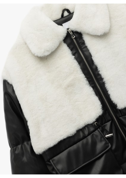 Suni Kürklü Cepli Uzun Kollu Cep Detaylı Deri Şişme Ceket