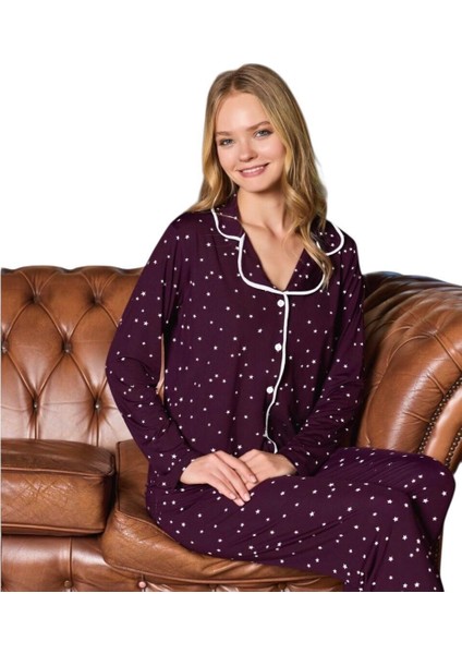 Pijamood Kadın Milan Kumaş Önü Düğmeli Mevsimlik Uzun Kol Pijama Takımı