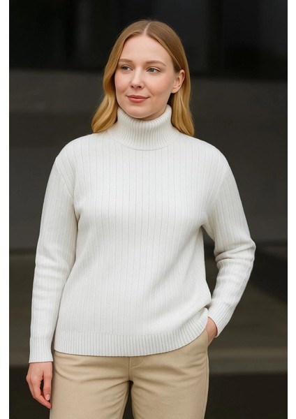 Balıkcı Yaka Bağazlı Triko Kazak Pamuklu Kalın Fitilli Dokuma - Beyaz fiyatları