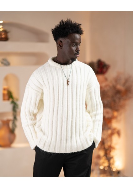 Oversize Kendinden Çizgili Pamuklu Kalın Triko Spor Kazak