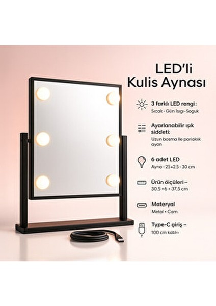 LED Kulis Aynası 6 LED Büyük Boy – 30.5×37.5 cm – 3 Renk – Type C-Ayarlanabilir Işık Şiddeti fiyatları