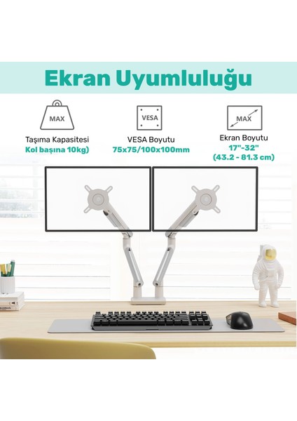 STD49024W Elysium 17"-32" Ultra Ince Tasarım Alüminyum Amortisörlü Vesa Çift Kol Monitör Tutucu indirimleri