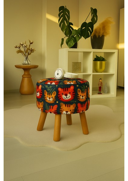 Pufcuk Dekoratif rahat ve konforlu puf - kaplan desenli - sevimli - gürgen ayaklı - yuvarlak puf - çok amaçlı kullanım - modern bench