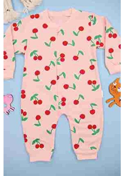 Kiraz Desenli Pembe Kız Bebek Tulum