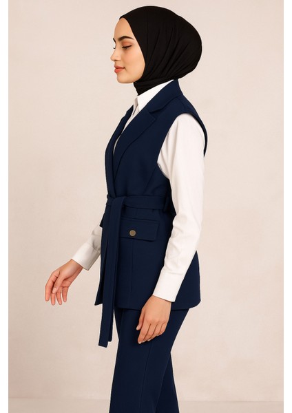 Tesettür Kuşaklı Yelekli Takım