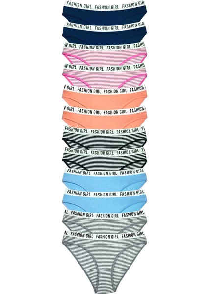 12 Adet Beli Yazılı Lastik Pamuk Kadın Külot