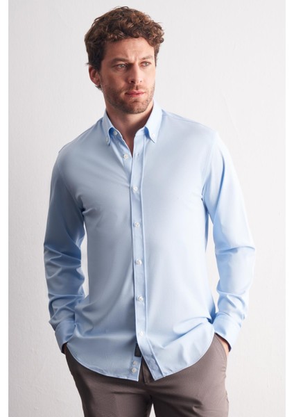 Mavi Düğmeli Yaka Örme Uzun Kol Performans Ürün Slim Fit Esnek Gömlek 1004255270 fiyatları