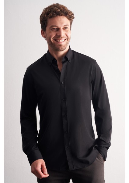 Siyah Düğmeli Yaka Örme Uzun Kol Performans Ürün Slim Fit Esnek Gömlek 1004255270