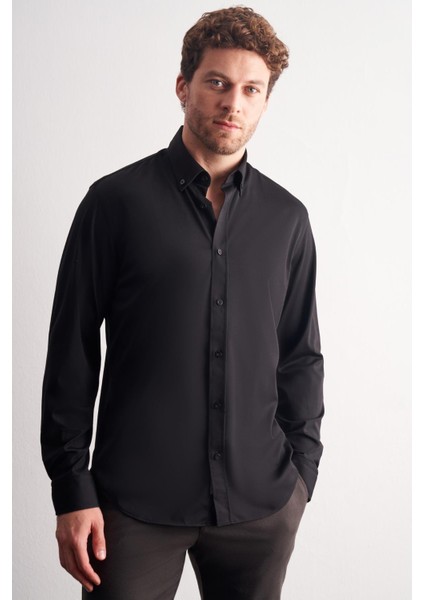 Siyah Düğmeli Yaka Örme Uzun Kol Performans Ürün Slim Fit Esnek Gömlek 1004255270 fiyatları