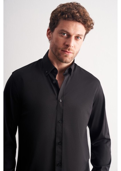 Siyah Düğmeli Yaka Örme Uzun Kol Performans Ürün Slim Fit Esnek Gömlek 1004255270 modelleri